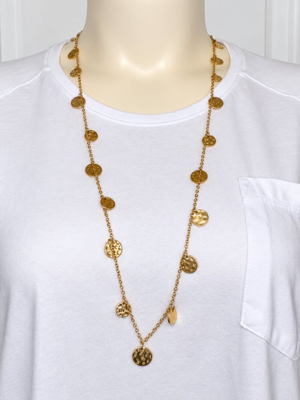Gold Tone Hammered Disc Charm Long Necklace Statement Jewelry